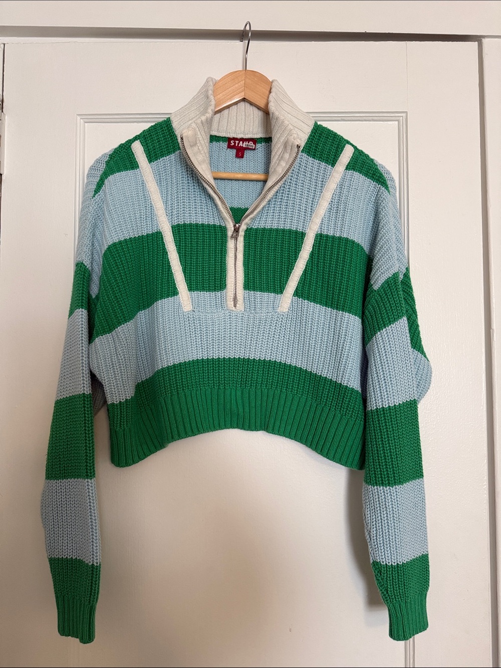 STAUD Hampton Green and Light Blue Striped Cropped Zip-Neck Sweater